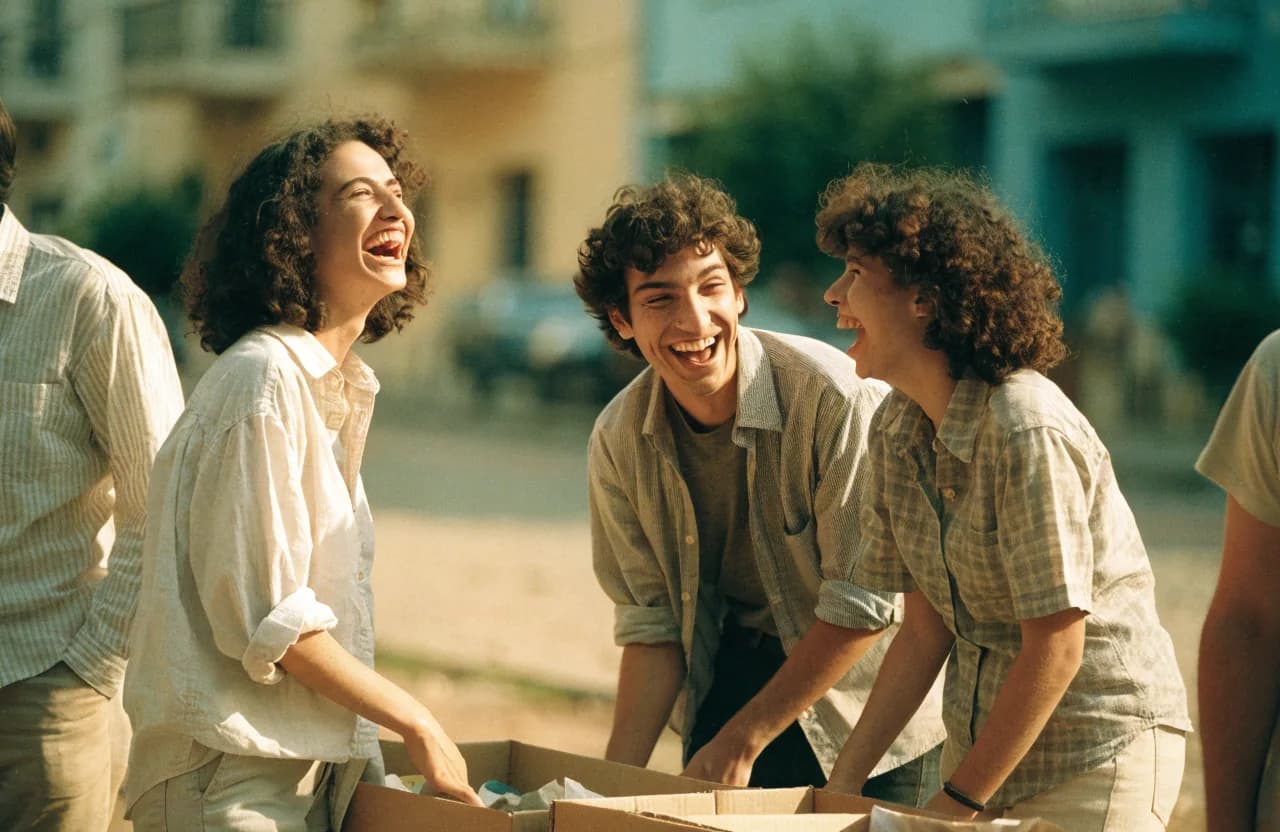 מתנדבים צעירים צוחקים בזמן אריזת חבילות סיוע